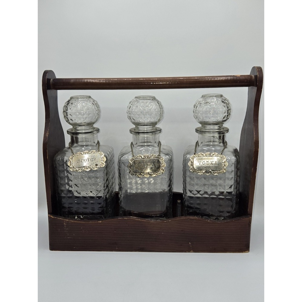 Mid Century Glass Liquor Decanter Set Wood Caddy Scotch Bourbon Vodka 3‎ Bottle